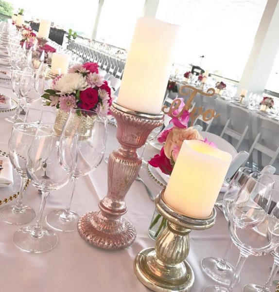 Soft Pink Mercury Glass Pillar Candle Holders Adorn Event Hire