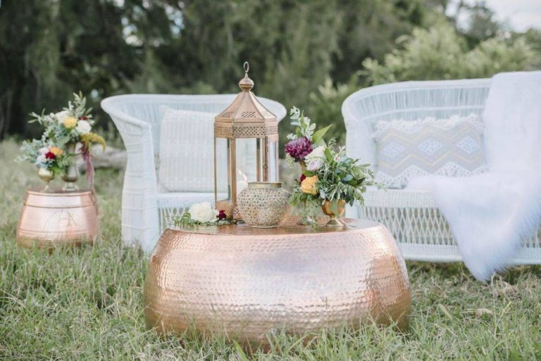 Copper lantern and Coffee Table with brass vases
